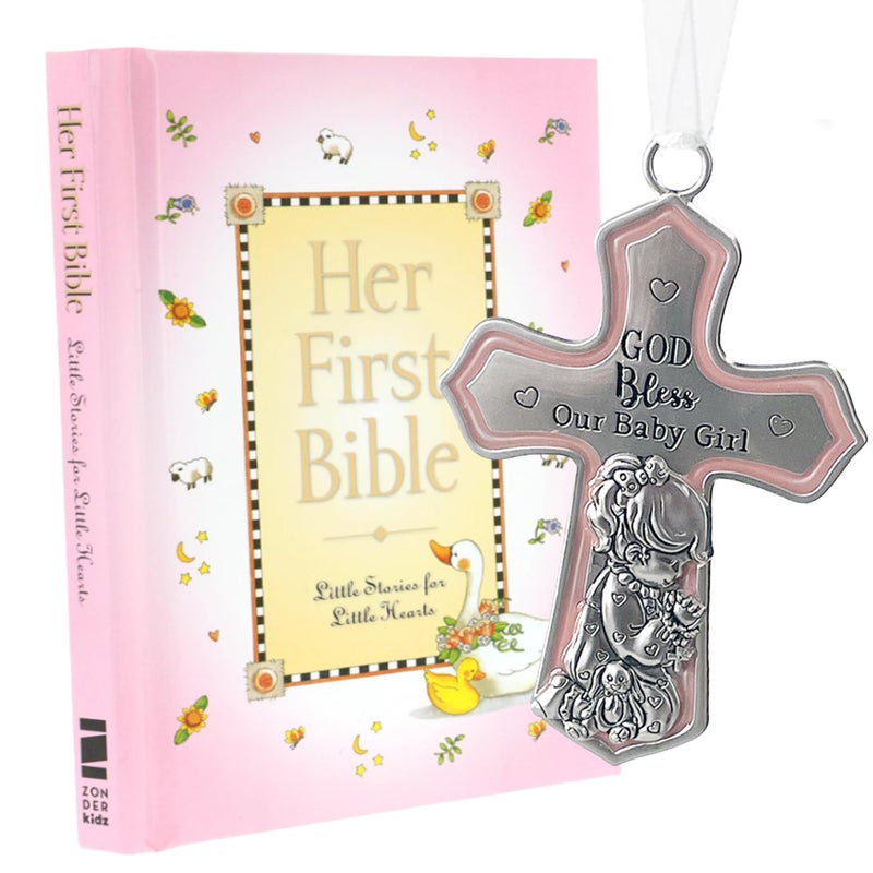 elskandi Baby Girl First Bible Catholic Baptism Gift Set Pink Her First Bible Crib Cross with God Bless Our Baby Girl Christening Keepsake from Godparents Dedication or Newborn Girl Gift - Image 2