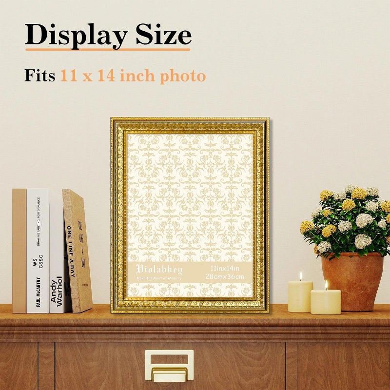 VIOLABBEY 11x14 Picture Frame Gold, Vintage Photo Frame for Wall or Tabletop Display, Classic Design for Office Home Decor, Fits 11x14 Pictures - Image 2