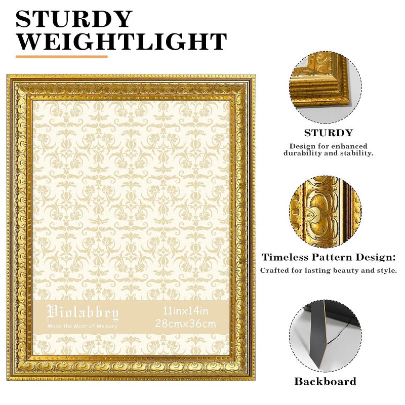 VIOLABBEY 11x14 Picture Frame Gold, Vintage Photo Frame for Wall or Tabletop Display, Classic Design for Office Home Decor, Fits 11x14 Pictures - Image 3
