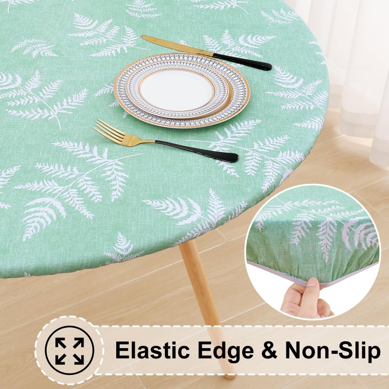 misaya Round Fitted Tablecloth with Elastic Edge, Waterproof Oil Proof Plastic Table Cover, Vinyl Flannel Backed Tablecloth Fits 36"-44" Round Tables for Easter, Outdoor, Picnic, Light Green Leaves - Image 2
