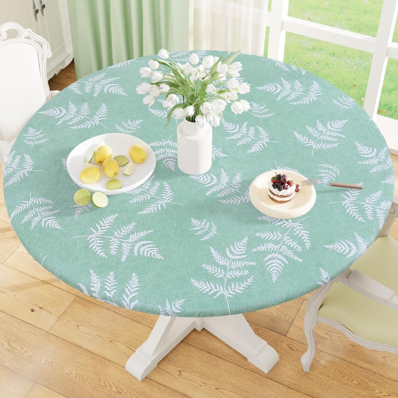 misaya Round Fitted Tablecloth with Elastic Edge, Waterproof Oil Proof Plastic Table Cover, Vinyl Flannel Backed Tablecloth Fits 36"-44" Round Tables for Easter, Outdoor, Picnic, Light Green Leaves - Image 1