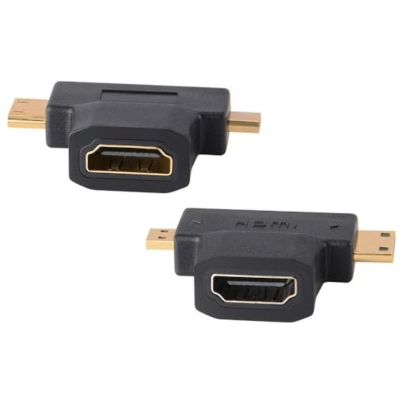 قطعتان 3 في 1 محول HDMI إلى ميني/مايكرو HDMI صغير/مايكرو HDMI ذكر إلى HDMI أنثى محول عالمي T مع موصل مطلي بالذهب متوافق مع الكاميرا الرقمية وكاميرا الفيديو والكمبيوتر اللوحي والكمبيوتر المحمول - Image 1