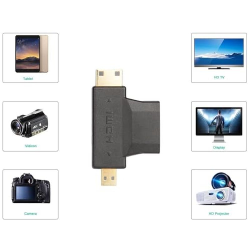 قطعتان 3 في 1 محول HDMI إلى ميني/مايكرو HDMI صغير/مايكرو HDMI ذكر إلى HDMI أنثى محول عالمي T مع موصل مطلي بالذهب متوافق مع الكاميرا الرقمية وكاميرا الفيديو والكمبيوتر اللوحي والكمبيوتر المحمول - Image 3