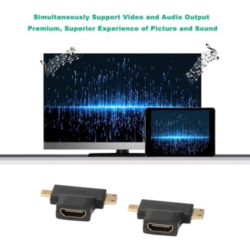 قطعتان 3 في 1 محول HDMI إلى ميني/مايكرو HDMI صغير/مايكرو HDMI ذكر إلى HDMI أنثى محول عالمي T مع موصل مطلي بالذهب متوافق مع الكاميرا الرقمية وكاميرا الفيديو والكمبيوتر اللوحي والكمبيوتر المحمول - Image 5
