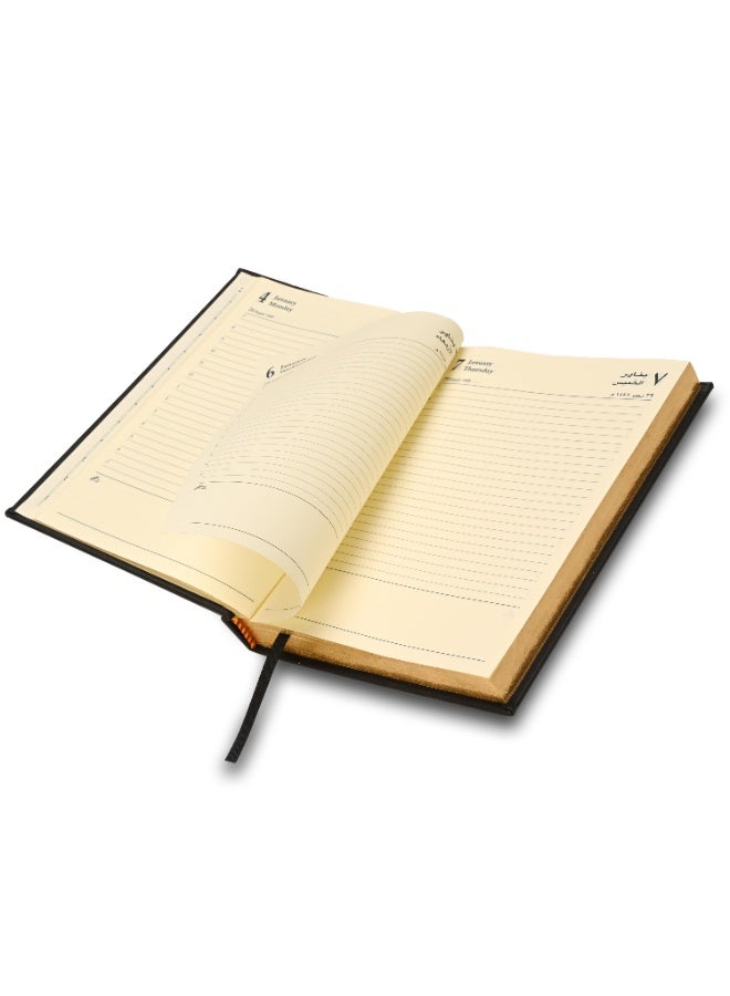 FIS 2027 Golden A5 Diary, 148x210mm, 1 Side Padded Italian PU Cover Materials, Gold Gilded Edges, 1 Day a Page Format, Arabic/English, 70gsm Italian Ivory Paper, Black Cover-FSDI20AEG27BK - Image 5