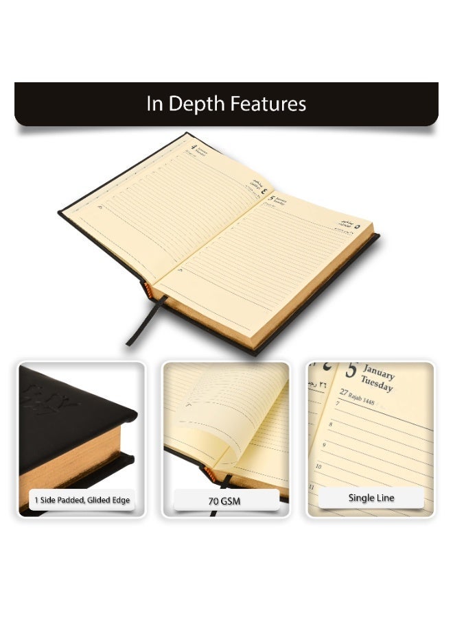 FIS 2027 Golden A5 Diary, 148x210mm, 1 Side Padded Italian PU Cover Materials, Gold Gilded Edges, 1 Day a Page Format, Arabic/English, 70gsm Italian Ivory Paper, Black Cover-FSDI20AEG27BK - Image 2