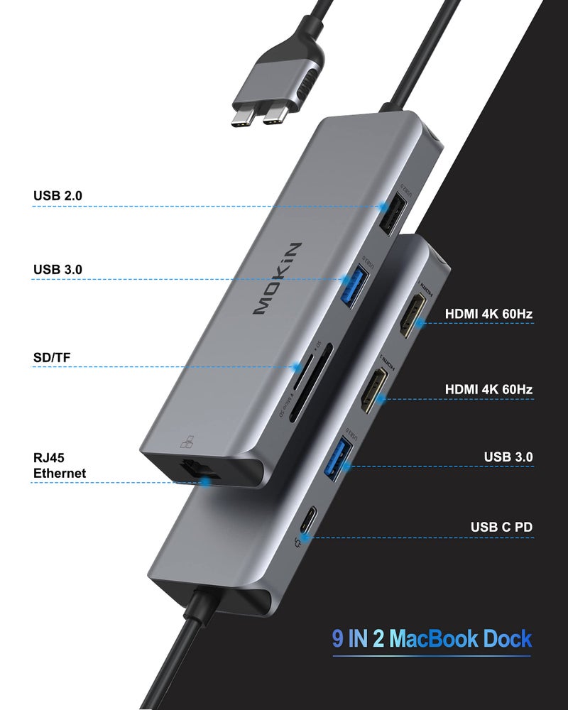 Mokin MacBook Pro Docking Station Dual Monitor MacBook Pro HDMI Adapter,9 in 1 USB C Adapters for MacBook Pro Air Mac HDMI Dock Dongle Dual USB C to Dual HDMI Ethernet 3USB SD/TF100W PD - Image 2