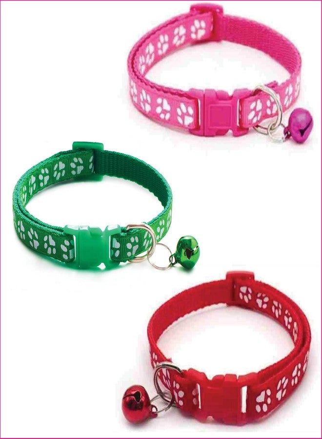 Litvibes Cat Collars Set Of 3 With Bell,Kitten & Small Puppies Soft Adjustable Collar Safe,Solid & Protection Breakaway For Cats & Kitten,Cute Kitty Neckband With Paw Print- (Red,Dark Pink,Dark Green) - Image 1