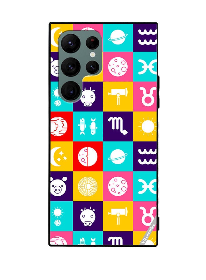 VR CREATIVE Protective Case Cover For Samsung Galaxy S22 Ultra 5G Taurus Zodiac, Pisces Astrology Horoscope Circle, Moon And Stars And Icon Design Multicolour - Image 1
