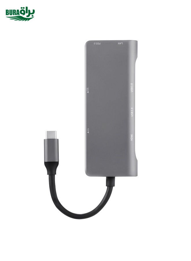 BURAQ - TY-02  7 in 1 USB-C / Type-C Multi-port HUB Adapter with HDMI Output, TF Card / SD Card Reader, 2 x USB 3.0 Ports, USB-C / Type-C Power Delivery, RJ45 Gigabit Ethernet for MacBook Pro(Silver) - Image 1