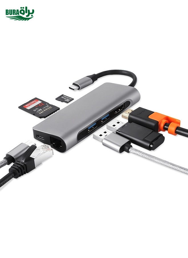BURAQ - TY-02  7 in 1 USB-C / Type-C Multi-port HUB Adapter with HDMI Output, TF Card / SD Card Reader, 2 x USB 3.0 Ports, USB-C / Type-C Power Delivery, RJ45 Gigabit Ethernet for MacBook Pro(Silver) - Image 1