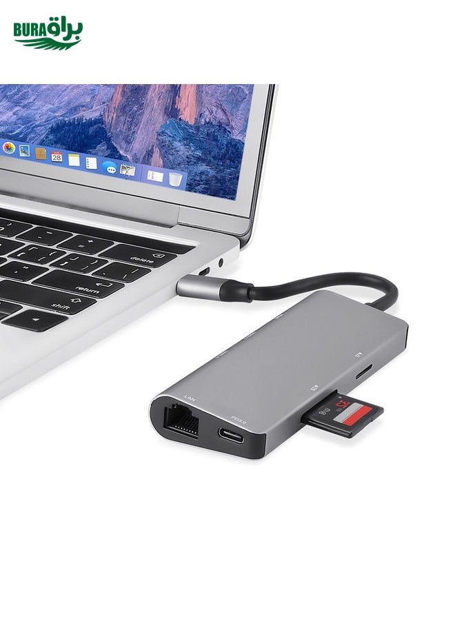 BURAQ - TY-02  7 in 1 USB-C / Type-C Multi-port HUB Adapter with HDMI Output, TF Card / SD Card Reader, 2 x USB 3.0 Ports, USB-C / Type-C Power Delivery, RJ45 Gigabit Ethernet for MacBook Pro(Silver) - Image 1