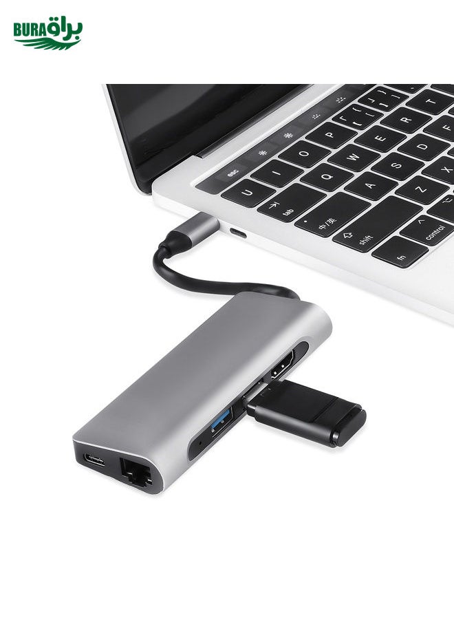BURAQ - TY-02  7 in 1 USB-C / Type-C Multi-port HUB Adapter with HDMI Output, TF Card / SD Card Reader, 2 x USB 3.0 Ports, USB-C / Type-C Power Delivery, RJ45 Gigabit Ethernet for MacBook Pro(Silver) - Image 1