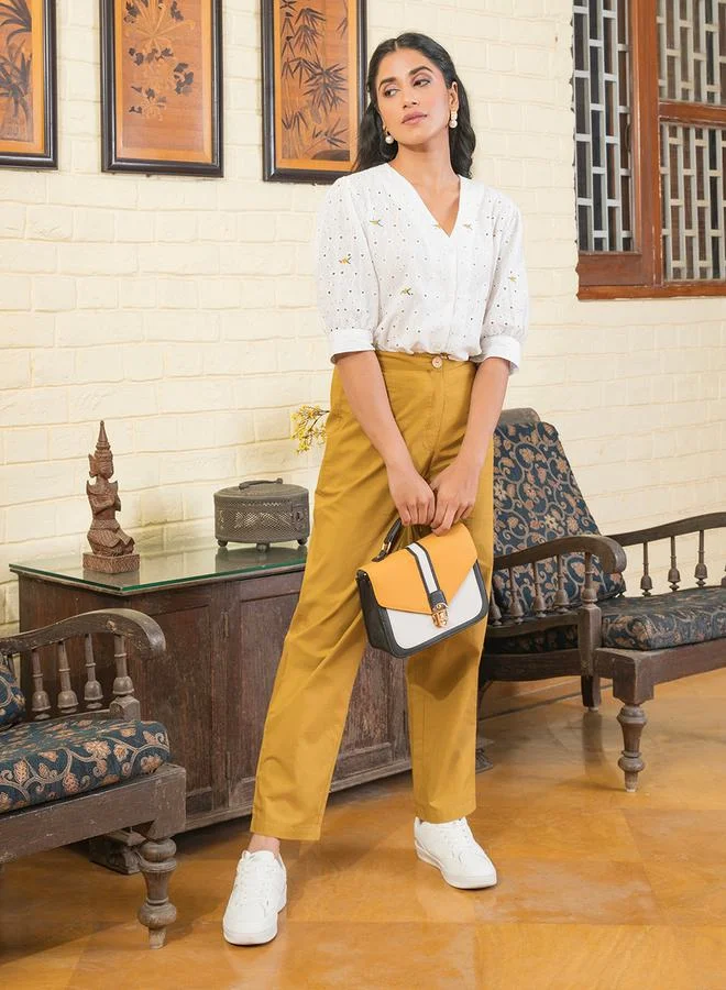 sanskrutihomes Broderie Detail V Neck Button Front Shirt and Pants Co-Ord