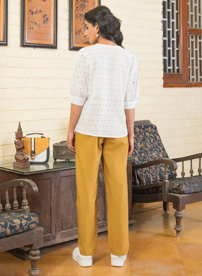 sanskrutihomes Broderie Detail V Neck Button Front Shirt and Pants Co-Ord