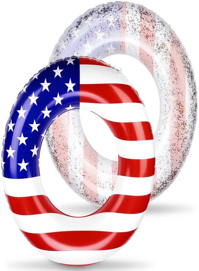 Elcoho 2 Pack Inflatable USA Pool Float Tube USA Flag Swimming Rings Filled with Sparkle Silver Stars Confetti 36 Inches Patriotic Toys Pool Float for Independence Day, Memorial Day, Veterans Day - Image 1
