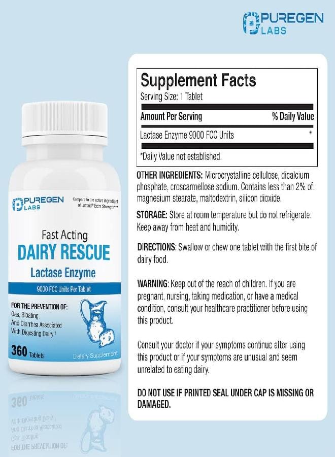 Puregen Labs Dairy Relief Fast Acting Lactase Enzyme 9000 FCC, Lactose Intolerance Pills 360 Tablets - Image 2