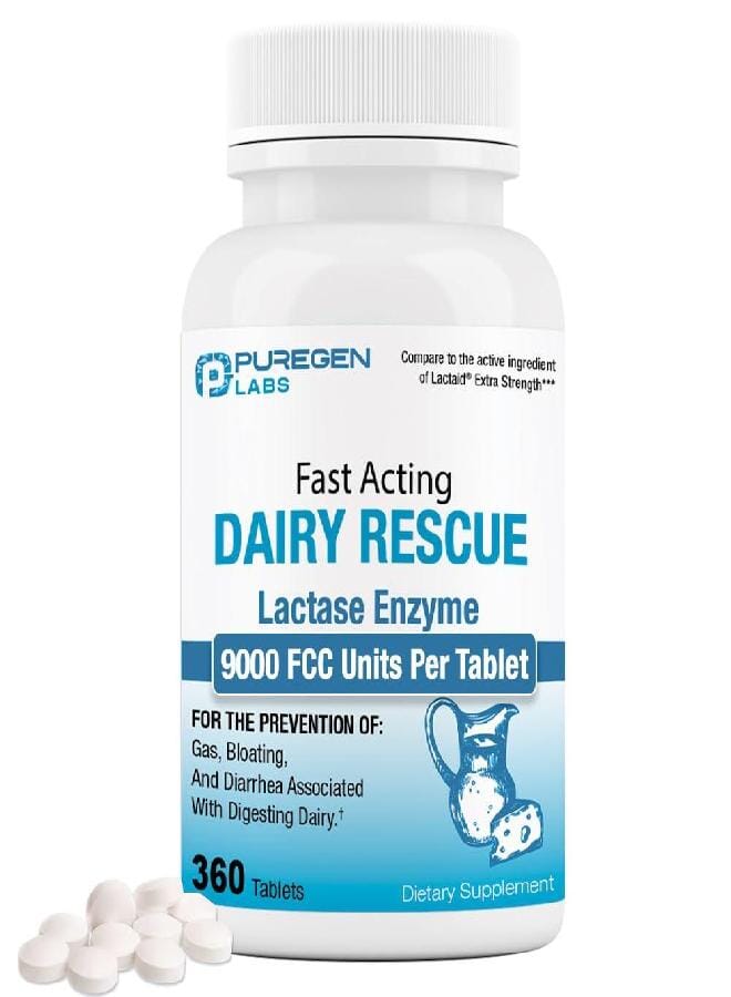 Puregen Labs Dairy Relief Fast Acting Lactase Enzyme 9000 FCC, Lactose Intolerance Pills 360 Tablets - Image 1