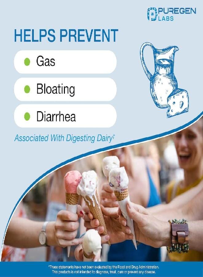 Puregen Labs Dairy Relief Fast Acting Lactase Enzyme 9000 FCC, Lactose Intolerance Pills 360 Tablets - Image 3