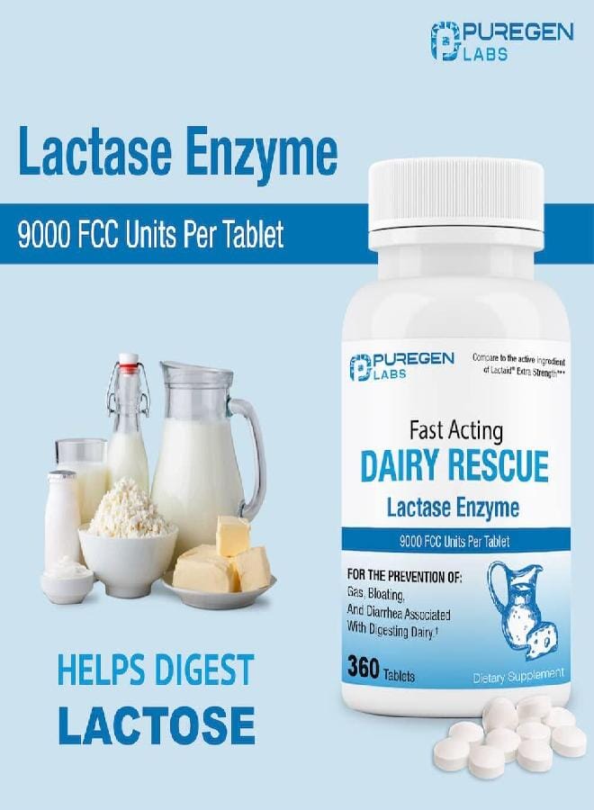 Puregen Labs Dairy Relief Fast Acting Lactase Enzyme 9000 FCC, Lactose Intolerance Pills 360 Tablets - Image 5