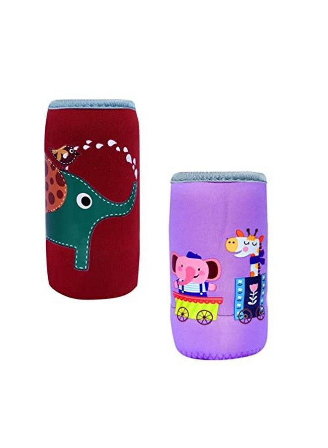 Tinny Tots Adjustable Reusable Stretchable Baby Feeding Bottle Cover Sleeves Cartoon Prints With Holding Strap Suitable For 120Ml 220Ml 240Ml Slim Neck Feeding Milk;Water Feeder Bottles(Pack Of 2;El Ze) - Image 1