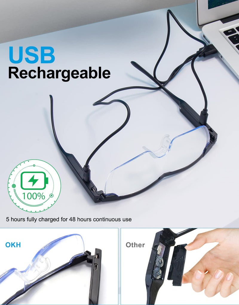 OKH 200% Magnifying Glasses with Light, Rechargeable LED Lighted Magnification Eyeglasses, Anti Blue Light, Bright Sight Hands Free Magnifier for Close Work, Craft, Jewellers, Reading, Hobby - Image 2