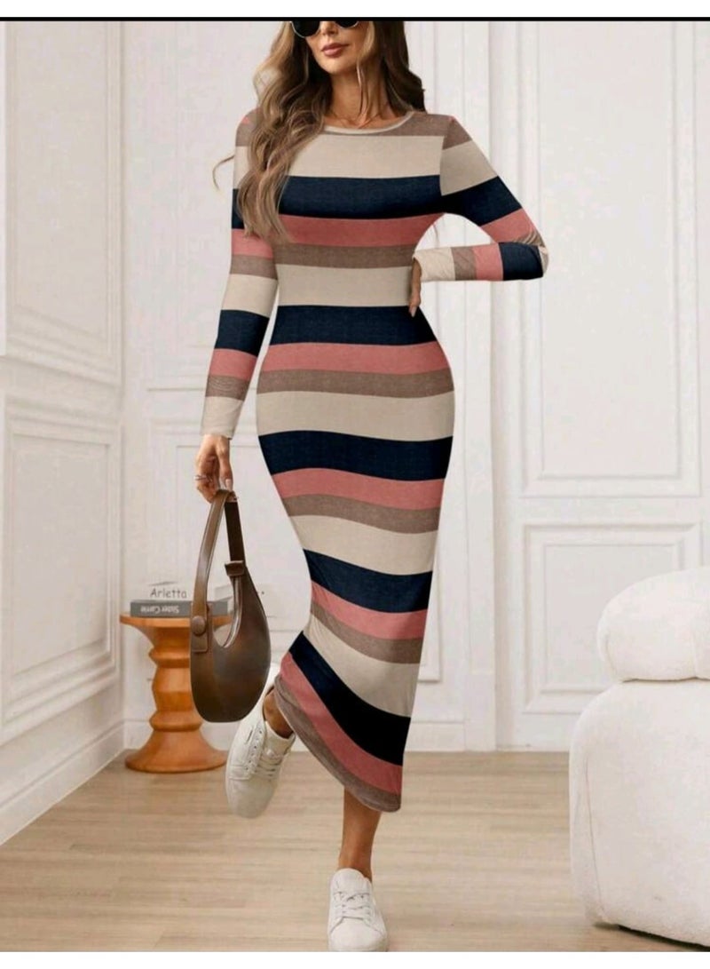 SHEIN LUNE Women's Casual Round Neck Long Sleeve Colorblock Striped Dress - Image 2