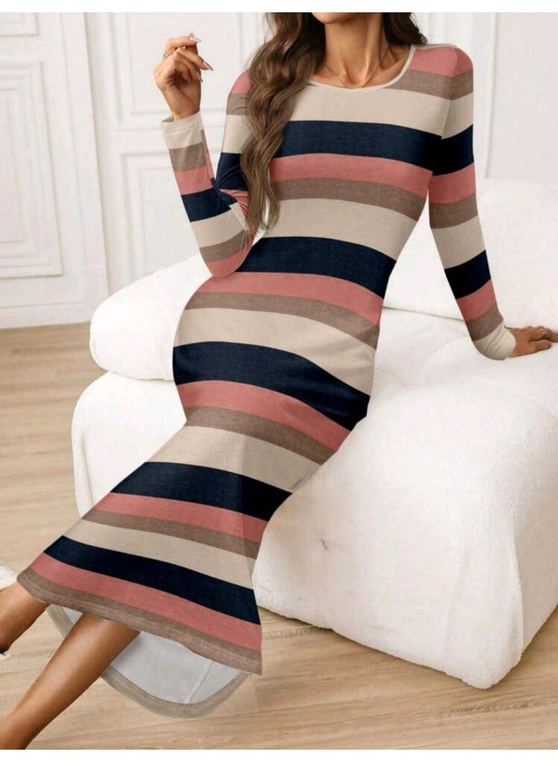 SHEIN LUNE Women's Casual Round Neck Long Sleeve Colorblock Striped Dress - Image 3