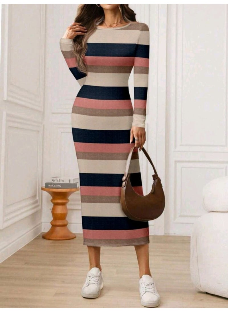 SHEIN LUNE Women's Casual Round Neck Long Sleeve Colorblock Striped Dress - Image 4