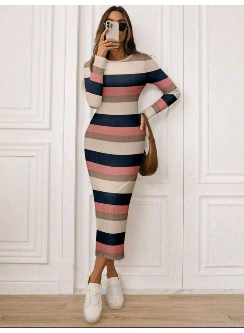 SHEIN LUNE Women's Casual Round Neck Long Sleeve Colorblock Striped Dress - Image 5