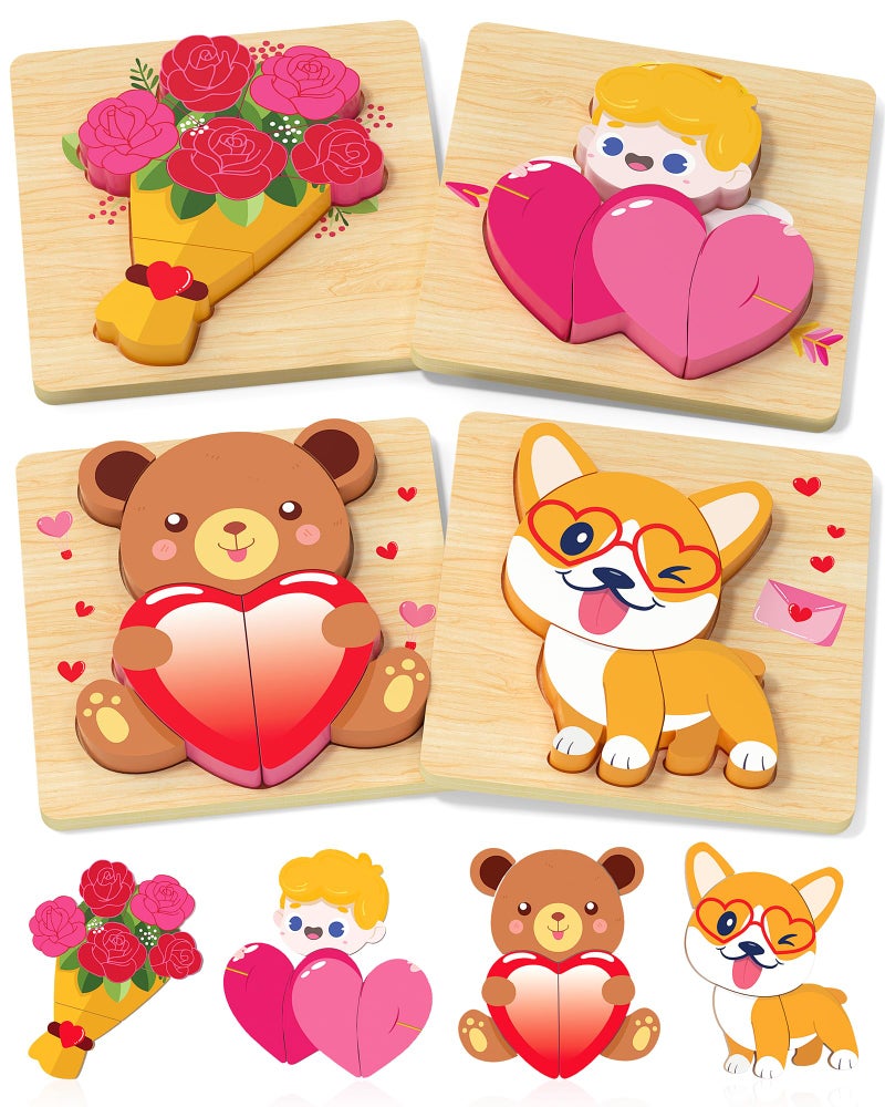 Oomloid Toddler Valentines Wooden Puzzles Gifts for Kids 4 Pack Valentines Day Toys Valentines Gifts for Kids Classroom Valentines Day Party Favors for Toddlers Boys Girls - Image 3