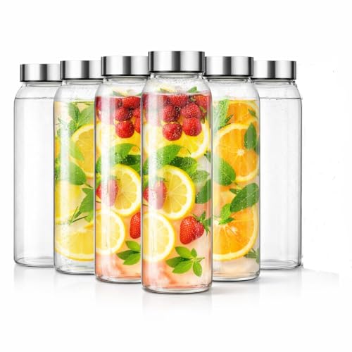 Raawan Glass Water Bottles, Glass Fridge Water Bottle with Steel Cap, Wide mouth Leak proof & detox water bottle glass, water bottle for fridge, fridge bottle -750 ML (6 Bottle) - Image 1