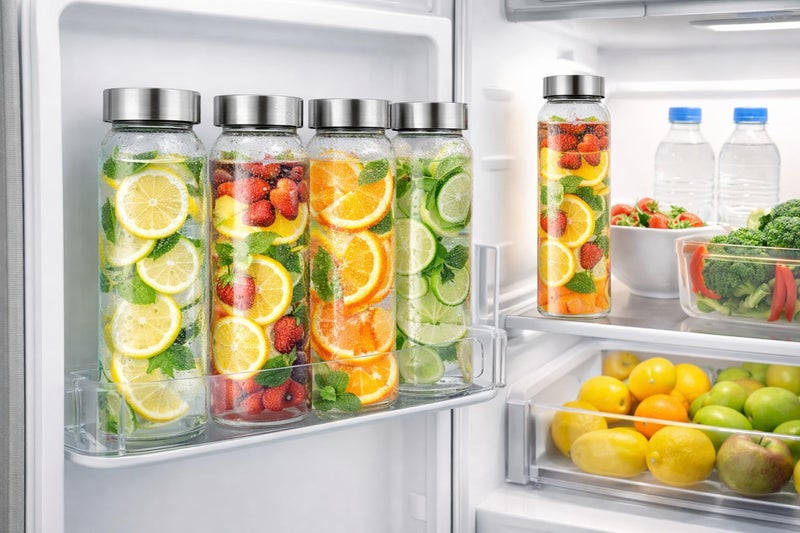 Raawan Glass Water Bottles, Glass Fridge Water Bottle with Steel Cap, Wide mouth Leak proof & detox water bottle glass, water bottle for fridge, fridge bottle -750 ML (6 Bottle) - Image 4