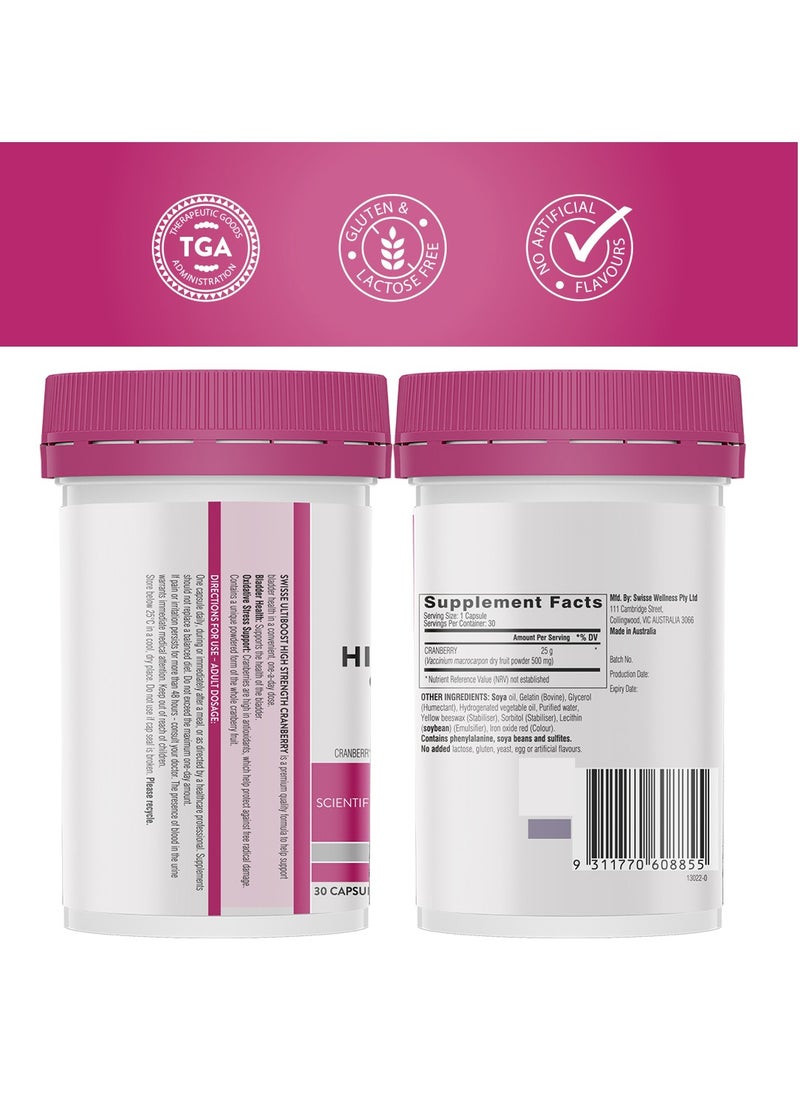 Swisse - UltiBoost High Strength Cranberry- Cranberry (Vaccinium Macrocarpon Fruit Powder 500Fruit 25 g  Supports Bladder Health Scientifcally Proven Cranberry Extract 25,000 mg , General Health - 30 Capsules One A Day - Image 1