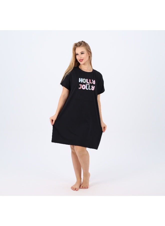 zecotex  Women’s Cotton Nightdress | Soft Short Sleeve Sleep Shirt with “Holly & Jolly” Print | Loose Fit Homewear for Comfort & Style  - Image 2
