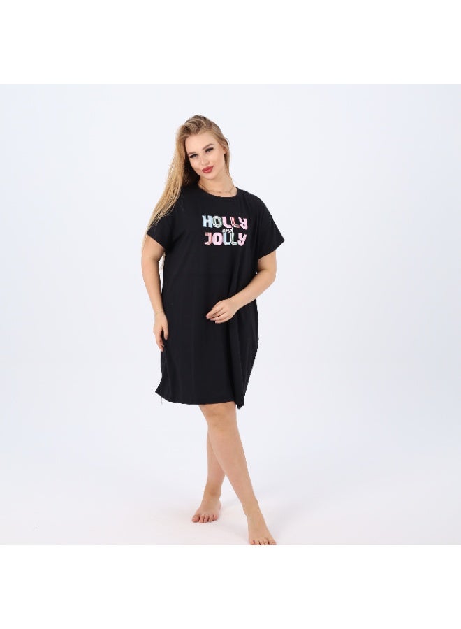 zecotex  Women’s Cotton Nightdress | Soft Short Sleeve Sleep Shirt with “Holly & Jolly” Print | Loose Fit Homewear for Comfort & Style  - Image 1