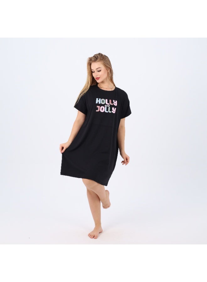 zecotex  Women’s Cotton Nightdress | Soft Short Sleeve Sleep Shirt with “Holly & Jolly” Print | Loose Fit Homewear for Comfort & Style  - Image 3