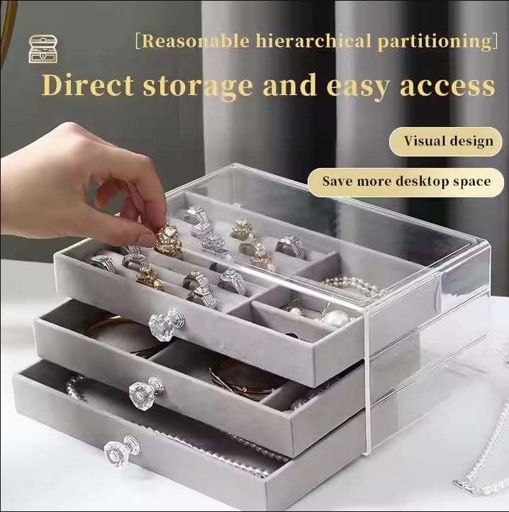 Azelf Large Capacity ThreeLayer MultiCompartment Velvet Jewelry Box Lipstick Cosmetics Ring Necklace Storage Box Premium - Image 5