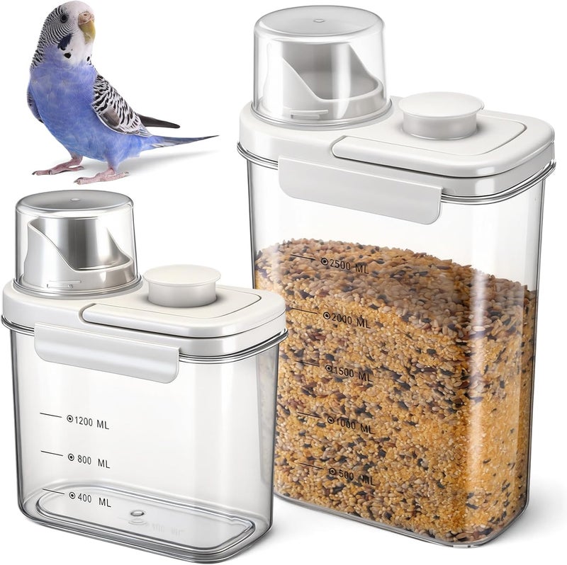 Maxdot 2 Pcs Bird Food Storage Container, Bird Seed Container with Lids Airtight Cup Pet Parrot Food Storage 1.7 Qt & 3 Qt Measuring Containers Easy Pour Spouts for Macaws African Cockatoos (Beige) - Image 1