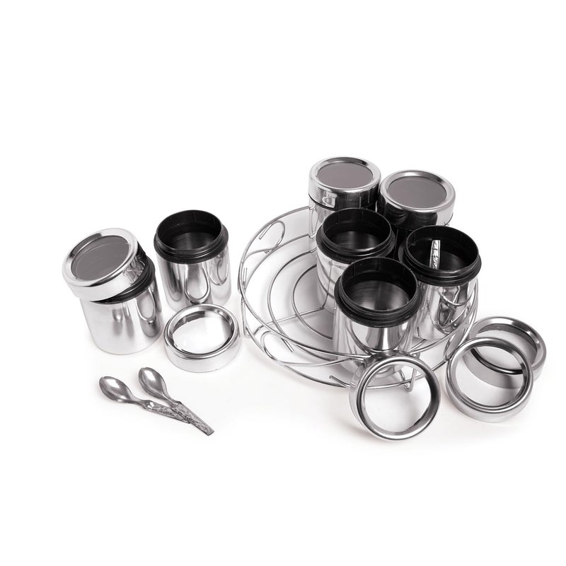 Prokart ProKart Premium 7 in 1 Stainless Steel (SS) Masala Dabba Wire Stand Multipurpose Masala Box | Masala Dani For Kitchen Spice Containers 7 Jars 7 Spoons 200ml Each Steel (7 Jars + 7 Spoons + 1 Stand) - Image 2