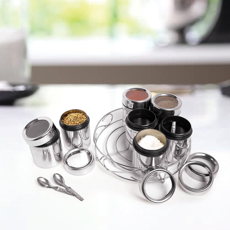 Prokart ProKart Premium 7 in 1 Stainless Steel (SS) Masala Dabba Wire Stand Multipurpose Masala Box | Masala Dani For Kitchen Spice Containers 7 Jars 7 Spoons 200ml Each Steel (7 Jars + 7 Spoons + 1 Stand) - Image 1