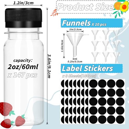 UZLU 165 Pcs 2 oz Small Plastic Juice Bottles with Black Caps Mini Clear Ginger Shot Containers with Tamper Proof Lids Reusable Travel Bottles with Funnels Labels for Juice Milk Water Other Beverages - Image 2