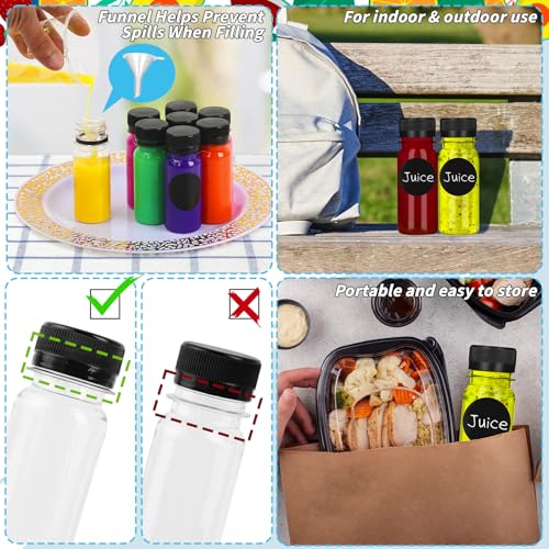 UZLU 165 Pcs 2 oz Small Plastic Juice Bottles with Black Caps Mini Clear Ginger Shot Containers with Tamper Proof Lids Reusable Travel Bottles with Funnels Labels for Juice Milk Water Other Beverages - Image 4