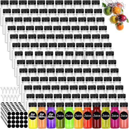 UZLU 165 Pcs 2 oz Small Plastic Juice Bottles with Black Caps Mini Clear Ginger Shot Containers with Tamper Proof Lids Reusable Travel Bottles with Funnels Labels for Juice Milk Water Other Beverages - Image 1