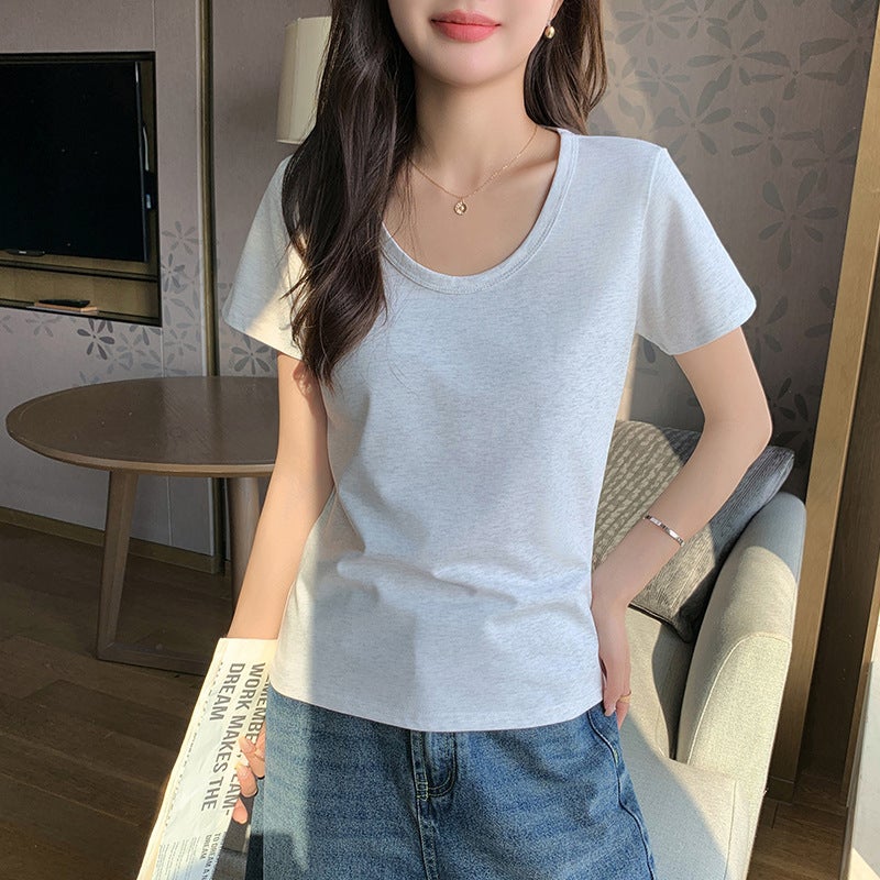 K3017 مخصصة U-Neck القطن قصيرة الأكمام تي شيرت للنساء الربيع والصيف أسلوب جديد لون نقي أسلوب كوري فضفاض التخسيس تبدو أسفل قميص أعلى - Image 1