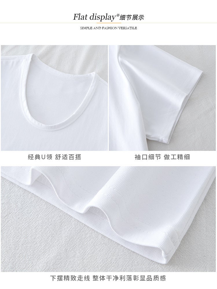 K3017 مخصصة U-Neck القطن قصيرة الأكمام تي شيرت للنساء الربيع والصيف أسلوب جديد لون نقي أسلوب كوري فضفاض التخسيس تبدو أسفل قميص أعلى - Image 5