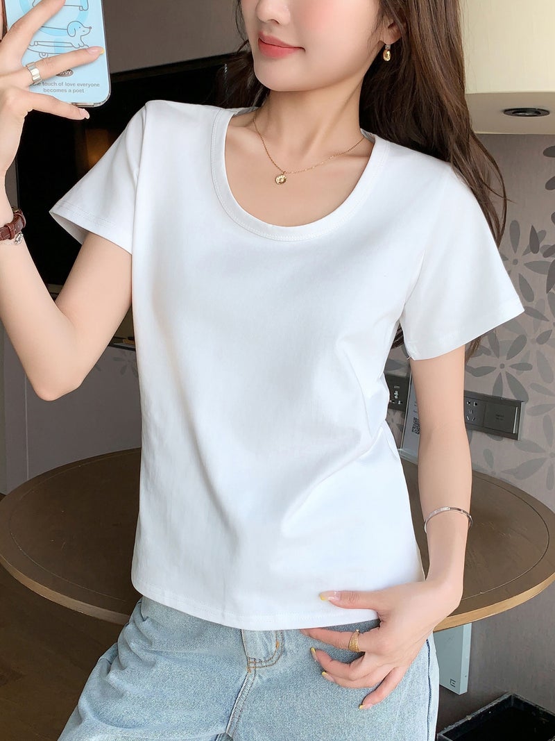 K3017 مخصصة U-Neck القطن قصيرة الأكمام تي شيرت للنساء الربيع والصيف أسلوب جديد لون نقي أسلوب كوري فضفاض التخسيس تبدو أسفل قميص أعلى - Image 2