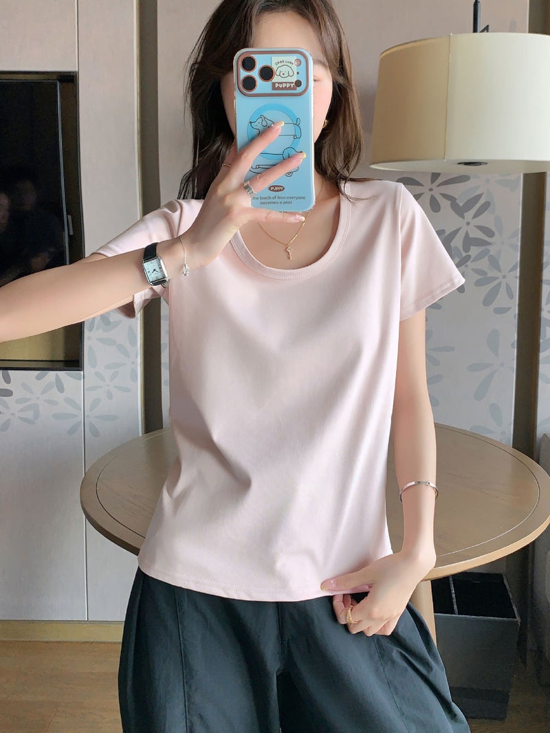 K3017 مخصصة U-Neck القطن قصيرة الأكمام تي شيرت للنساء الربيع والصيف أسلوب جديد لون نقي أسلوب كوري فضفاض التخسيس تبدو أسفل قميص أعلى - Image 3