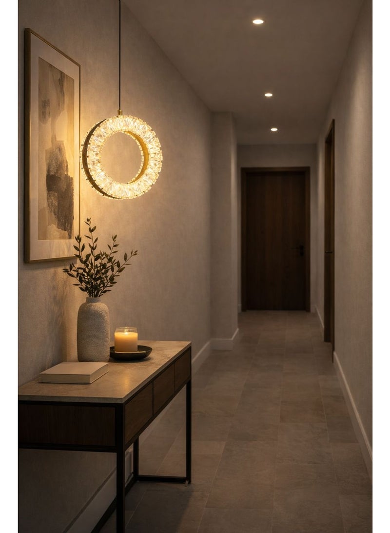 Crystal Ring Pendant Light, 30 cm Diameter, Triple LED Lighting Controlled by Remote with a Luxurious Gold-Plated Metal Frame - Image 2