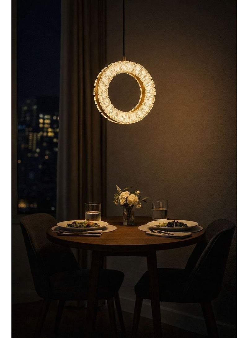 Crystal Ring Pendant Light, 30 cm Diameter, Triple LED Lighting Controlled by Remote with a Luxurious Gold-Plated Metal Frame - Image 1